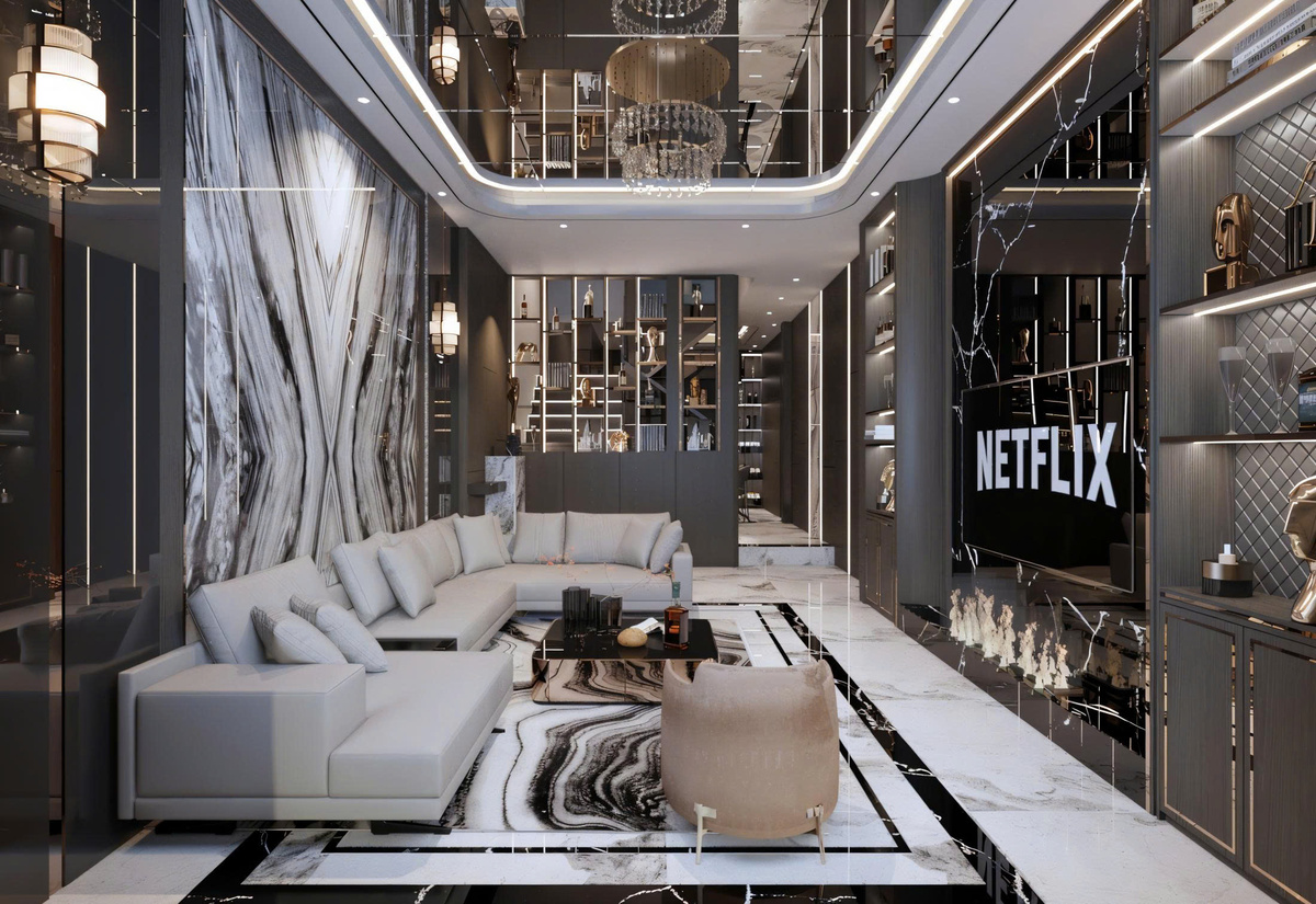 Vách phòng khách nhà a Cường chợ hoa quả